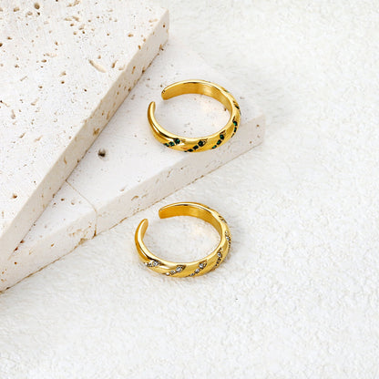 3.7mm Gold Open Ring with Twisted Band & White Diamond /Emerald Accents asonjewelry