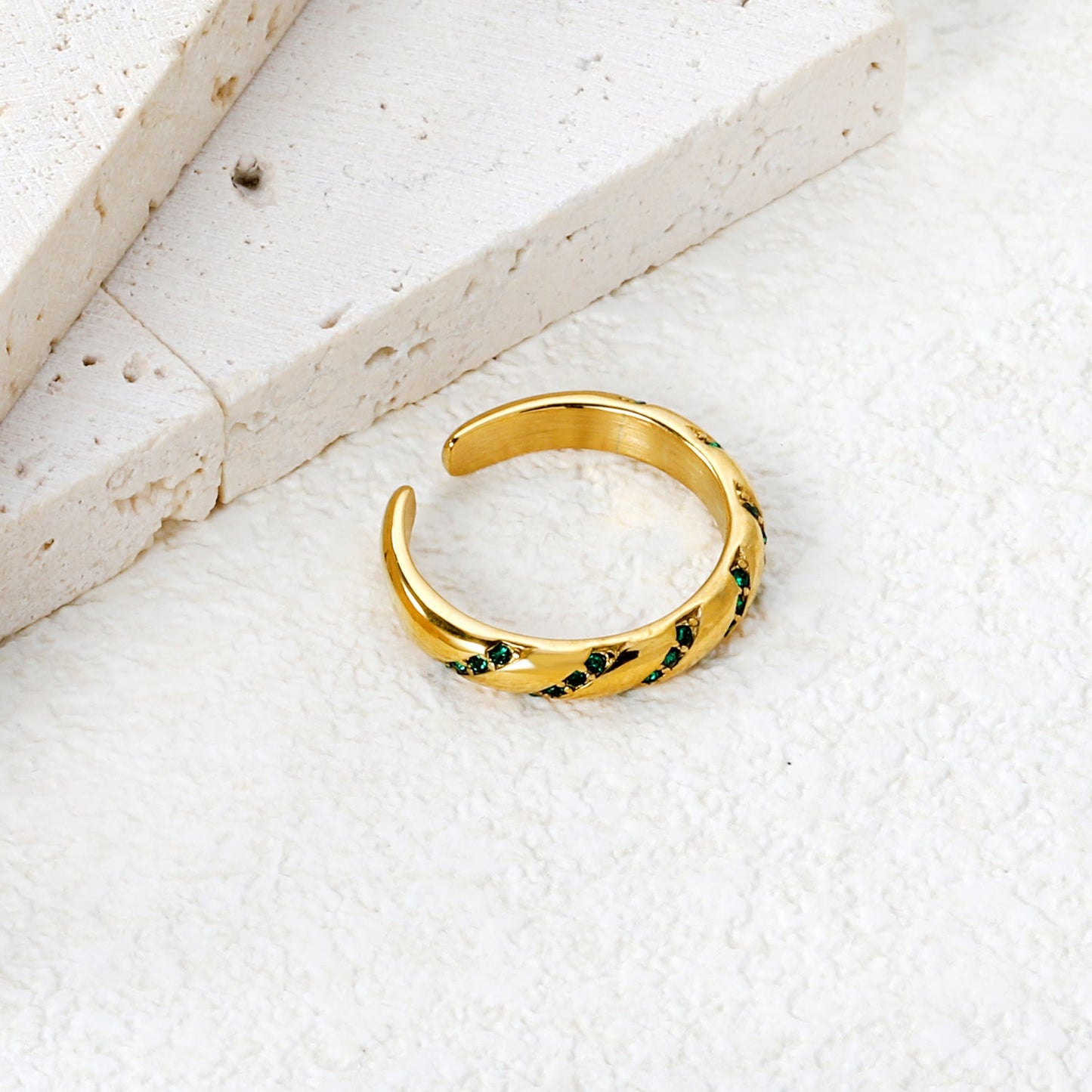 3.7mm Gold Open Ring with Twisted Band & White Diamond /Emerald Accents asonjewelry