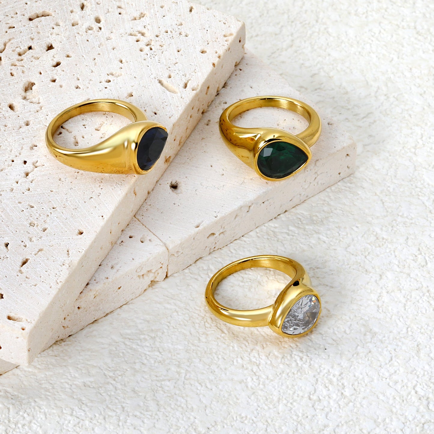 10.7mm teardrop white/emerald/royal blue diamond ring in gold asonjewelry