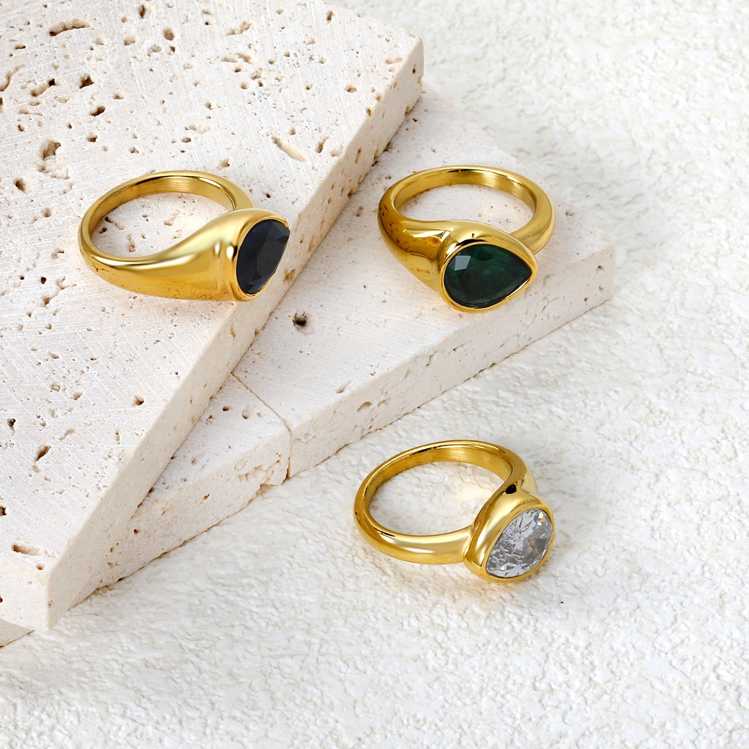 10.7mm teardrop white/emerald/royal blue diamond ring in gold asonjewelry