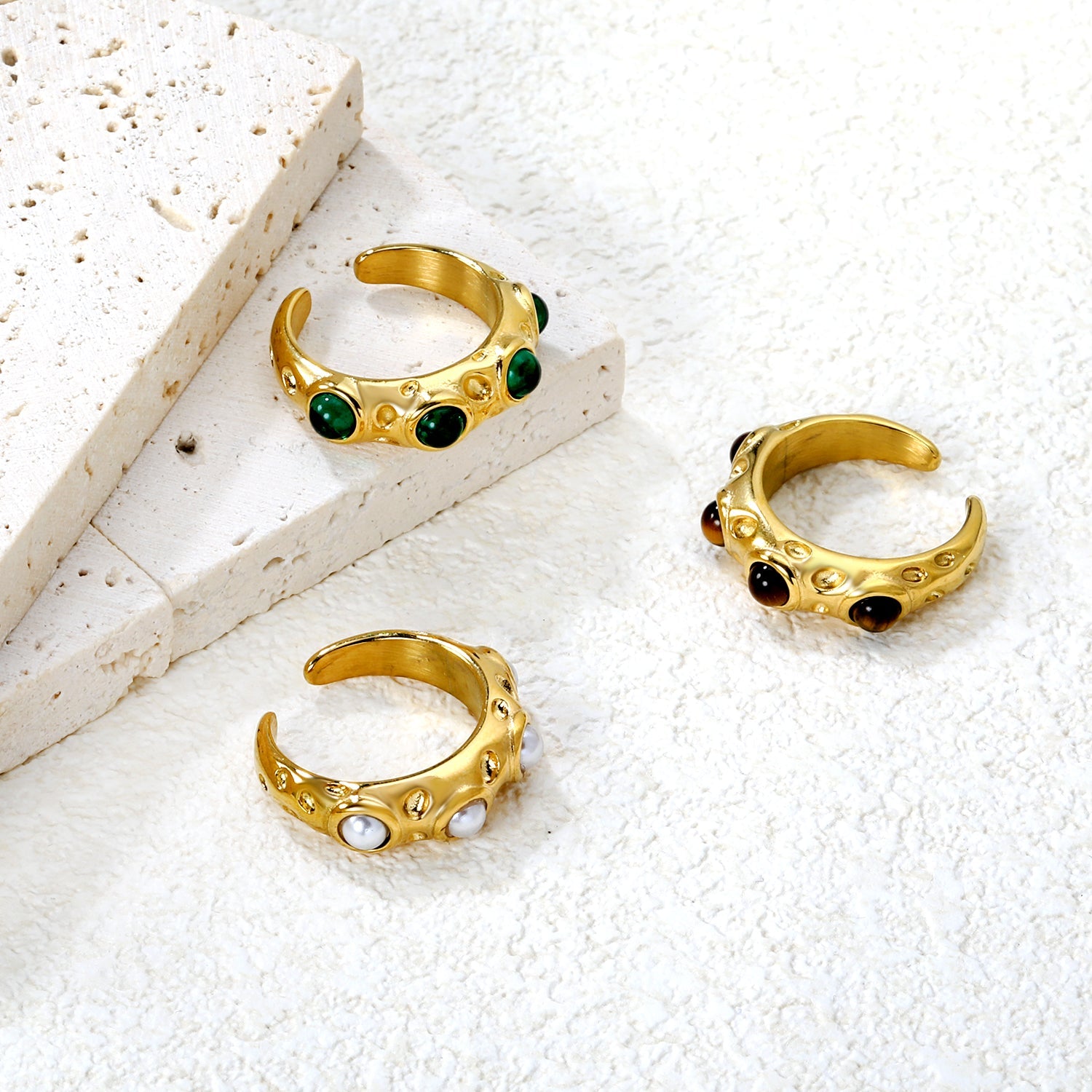 7mm Gold Open Ring with Irregular Hammered Texture and White Pearl/Tiger's Eye/Emerald Cat's Eye Inlays asonjewelry