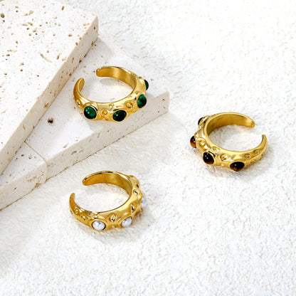 7mm Gold Open Ring with Irregular Hammered Texture and White Pearl/Tiger's Eye/Emerald Cat's Eye Inlays asonjewelry