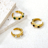 7mm Gold Open Ring with Irregular Hammered Texture and White Pearl/Tiger's Eye/Emerald Cat's Eye Inlays
