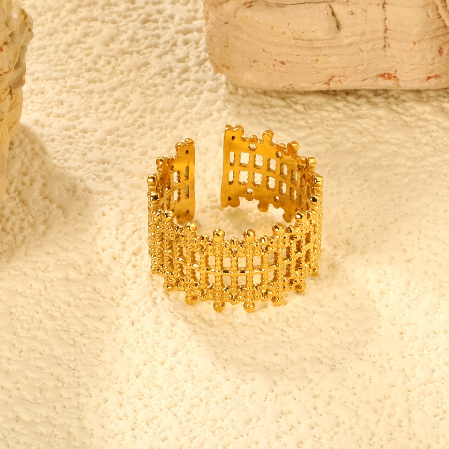 Golden Grid Pattern Stainless Steel Open Ring asonjewelry