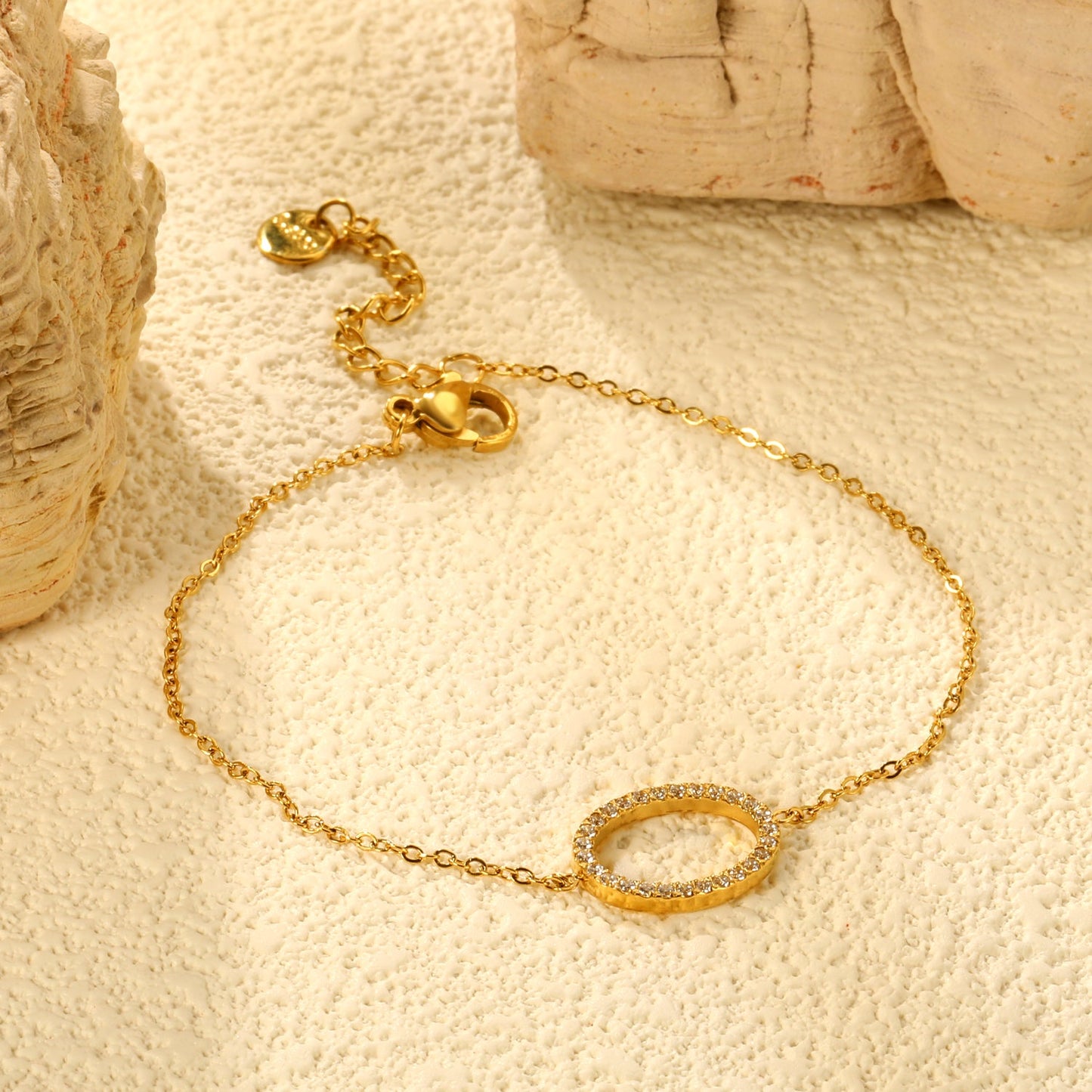 14.9*11.2mm Oval Hollow CNC White Zircon 0.3 Cross 18+3cm+6mm Round Plaque Bracelet Golden asonjewelry