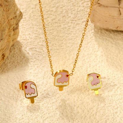 Ice-cream Set Steel / Gold Earrings: 5.9*10.2mm Pendant: 6.9*12mm 0.3 Cross Chain 42+5cm+6mm Round Plaque asonjewelry