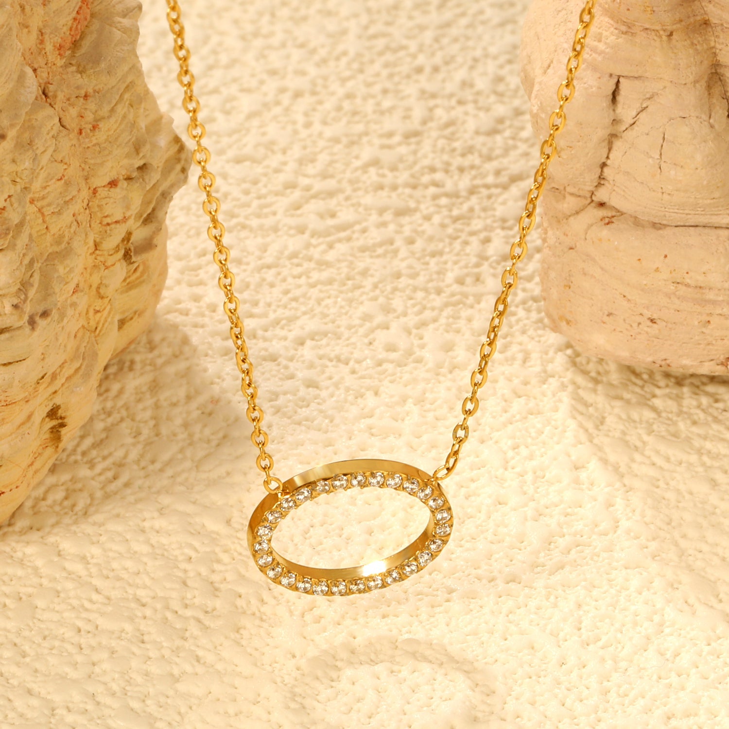 15 x 11.2mm oval CNC white zirconia pendant 0.3 cross chain 43+5cm + 6mm round tag necklace gold asonjewelry