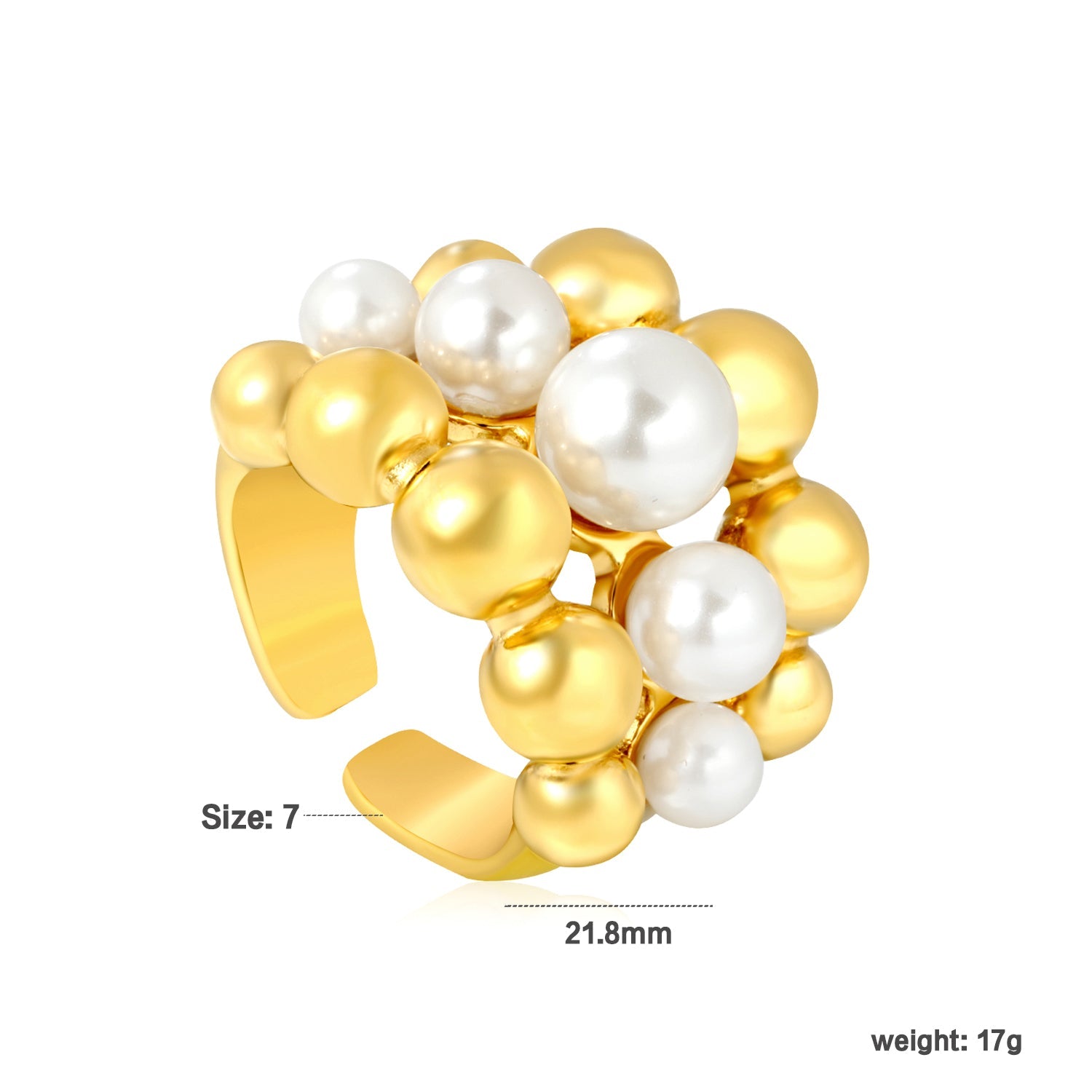 Wholesale 18K Gold Plated Pearl & Gold Bead Cluster Open Ring Hypoallergenic asonjewelry