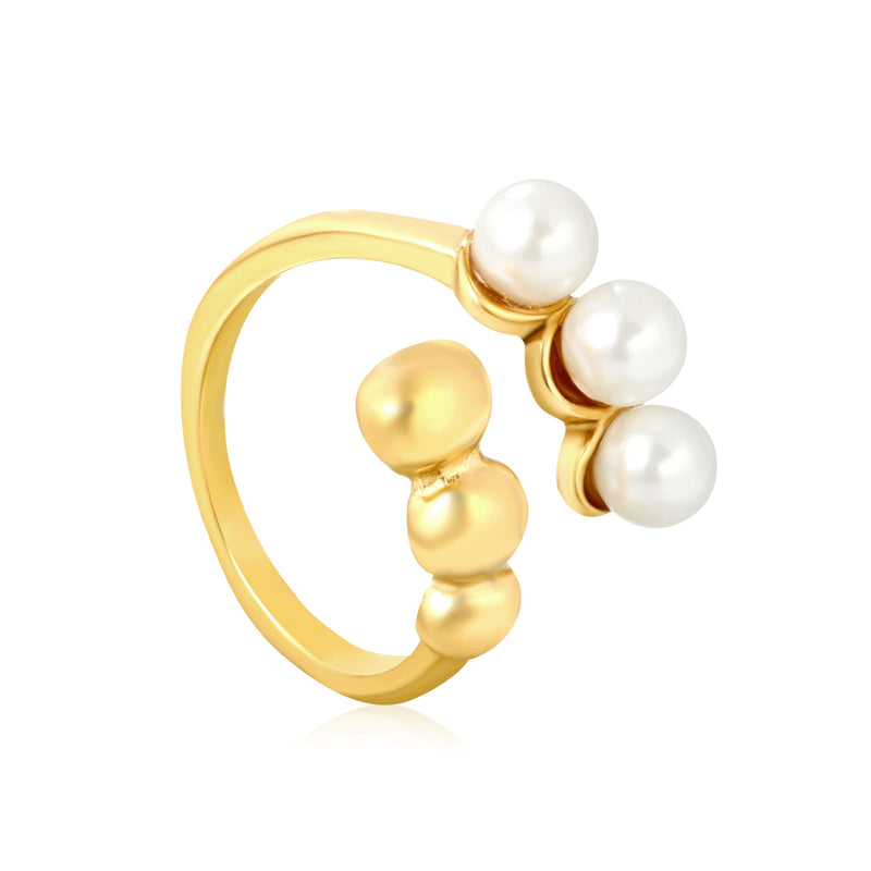 Wholesale 18K Gold Plated Pearl & Gold Bead Open Ring Hypoallergenic