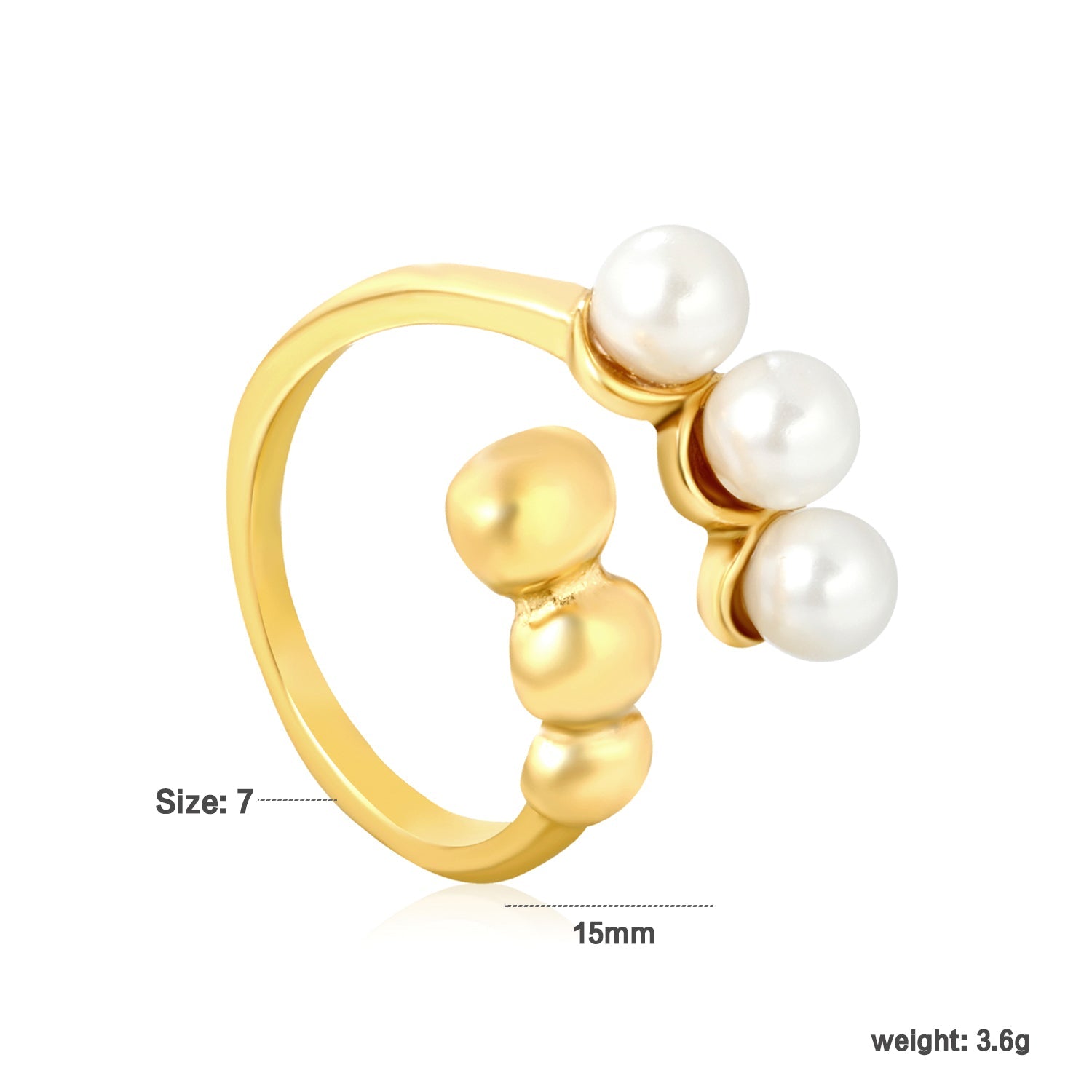 Wholesale 18K Gold Plated Pearl & Gold Bead Open Ring Hypoallergenic asonjewelry