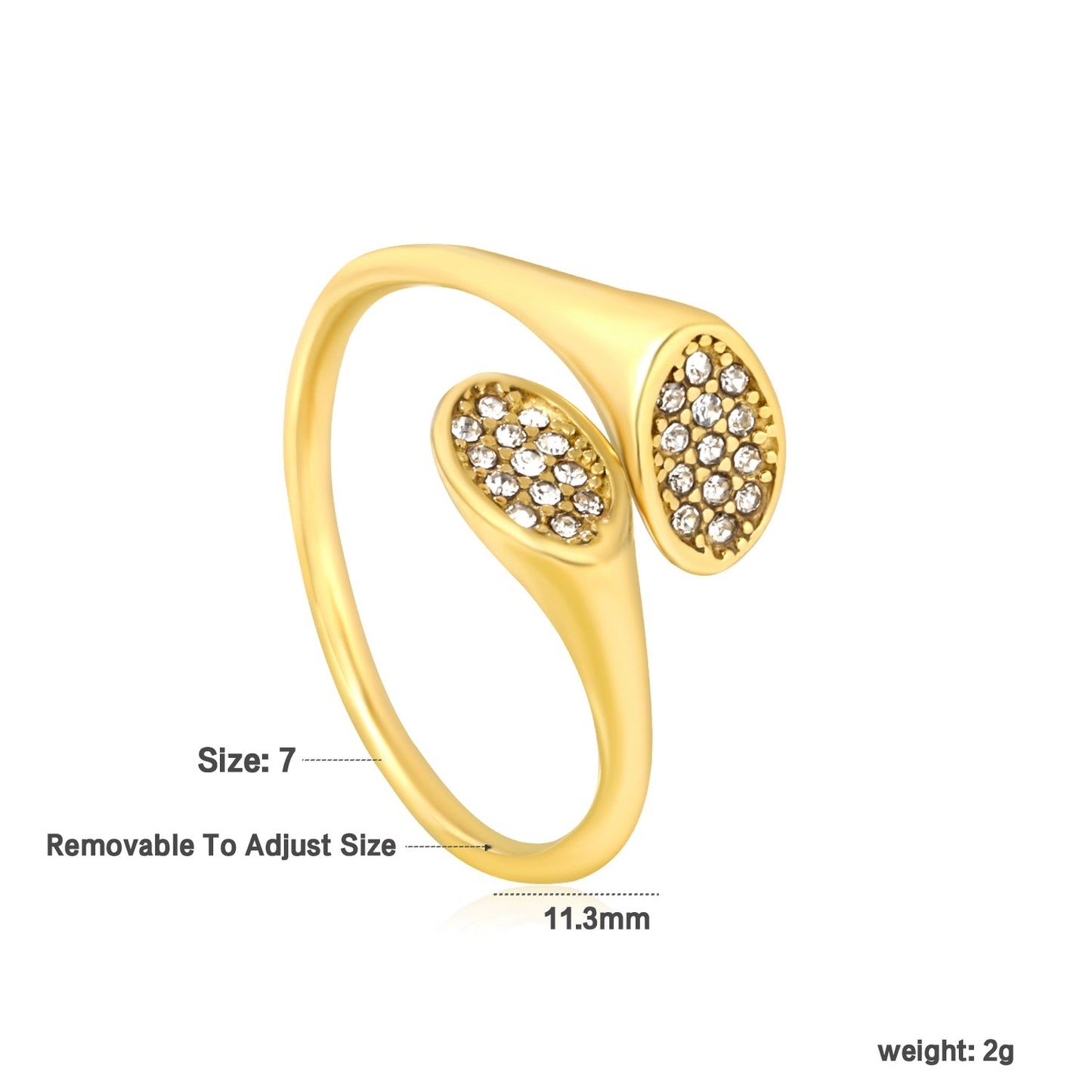 Wholesale 18K Gold Plated Double Crystal Cluster Open Ring Hypoallergenic asonjewelry