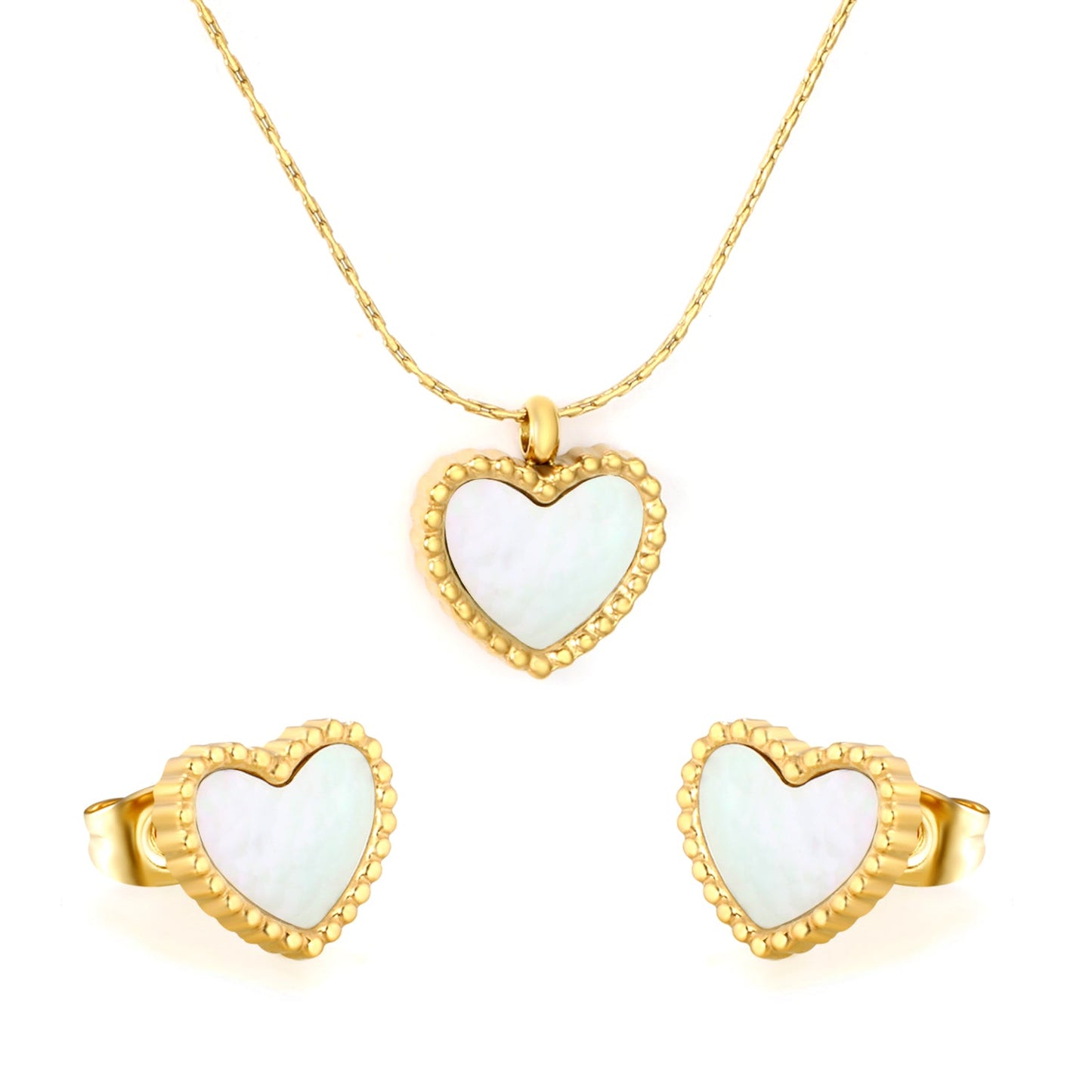 Heart-Shaped White Shell Set in Gold Stud Earrings: 10.7*9.7mm Pendant: 10.7*9.7mm 0.3mm Cross-Hammer Round Chain 40+5cm + 6mm Round Tag asonjewelry