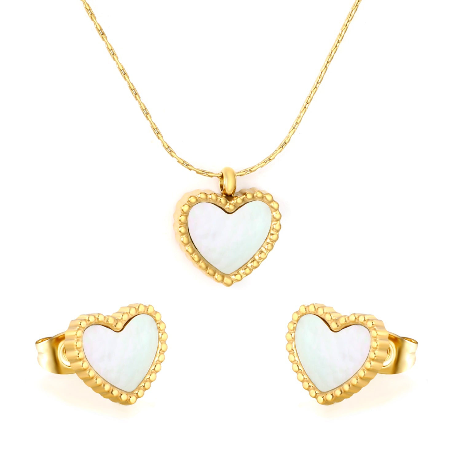 Heart-Shaped White Shell Set in Gold Stud Earrings: 10.7*9.7mm Pendant: 10.7*9.7mm 0.3mm Cross-Hammer Round Chain 40+5cm + 6mm Round Tag asonjewelry