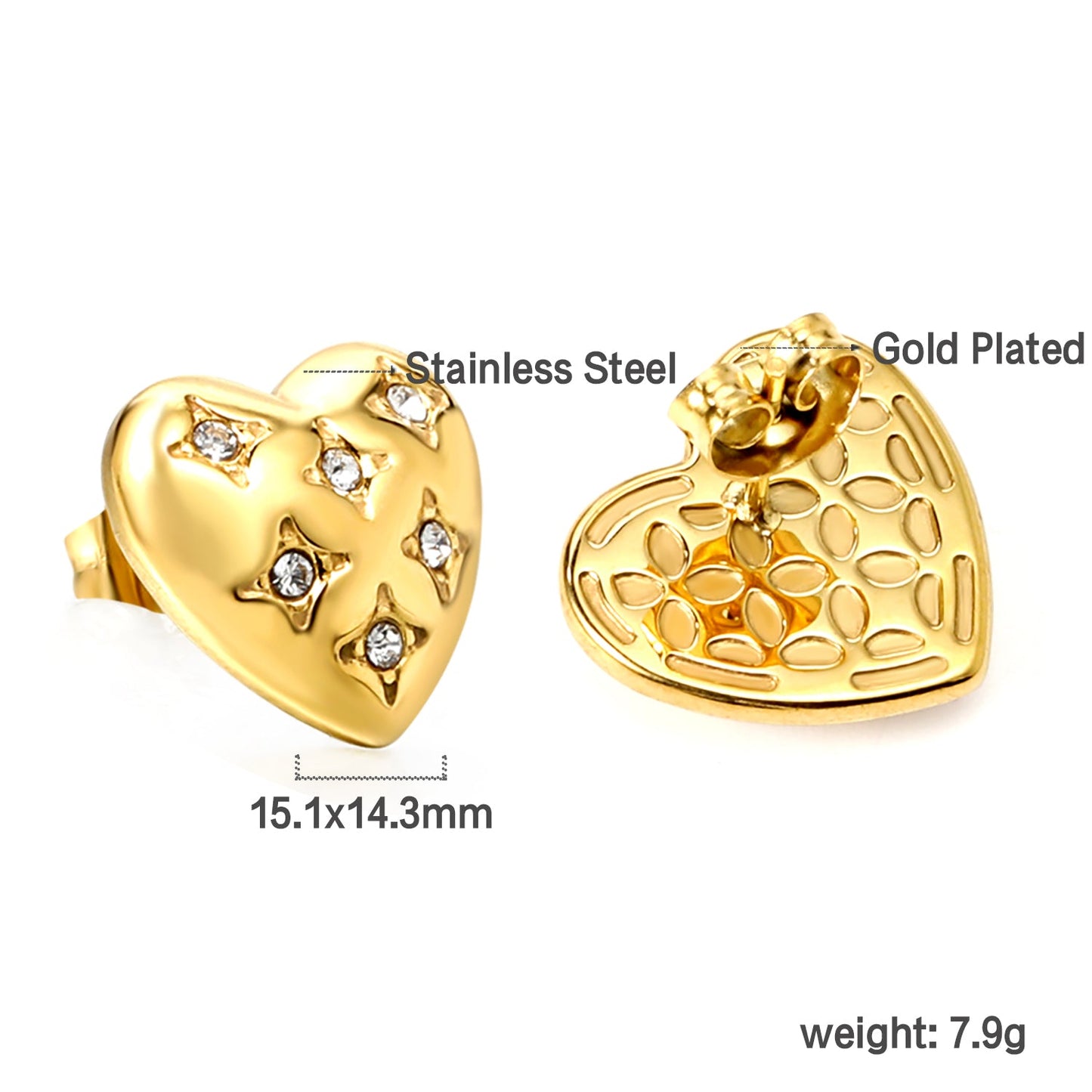 Heart shaped earrings with 6 white diamonds 15*14.3mm asonjewelry