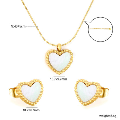 Heart-Shaped White Shell Set in Gold Stud Earrings: 10.7*9.7mm Pendant: 10.7*9.7mm 0.3mm Cross-Hammer Round Chain 40+5cm + 6mm Round Tag asonjewelry