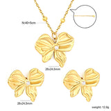 Imitation Pearl French Bow Set, Gold Earrings: 28*24.5mm Pendant: 28*24.5mm 0.4mm Pearl Cross Chain 40+5cm + 6mm Round Tag