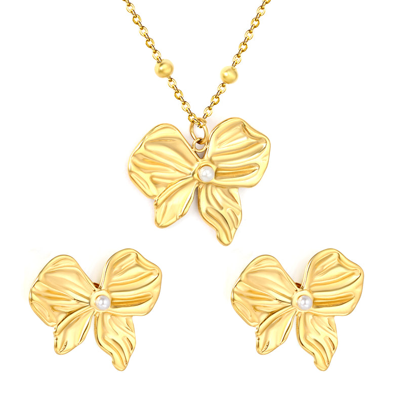 Imitation Pearl French Bow Set, Gold Earrings: 28*24.5mm Pendant: 28*24.5mm 0.4mm Pearl Cross Chain 40+5cm + 6mm Round Tag