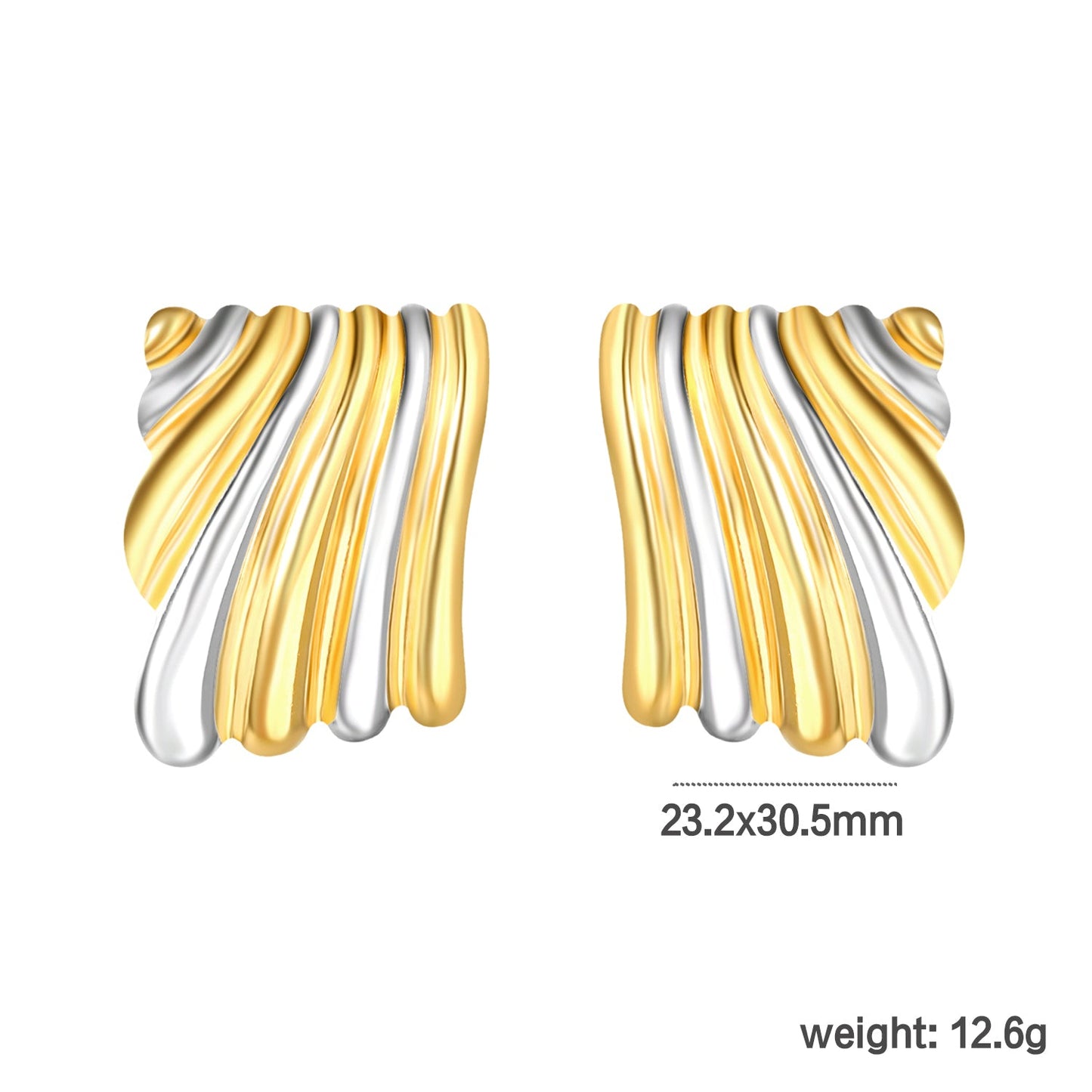 23.2mm*30.5mm Square Two-Tone Wavy Texture Stud Earrings, Two-Tone Gold asonjewelry
