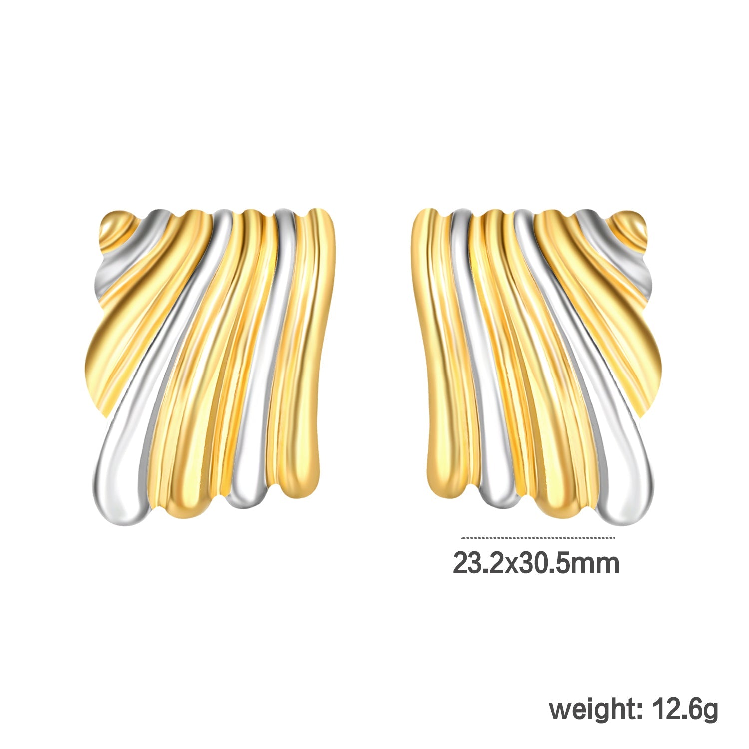 23.2mm*30.5mm Square Two-Tone Wavy Texture Stud Earrings, Two-Tone Gold asonjewelry