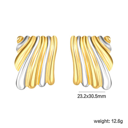 23.2mm*30.5mm Square Two-Tone Wavy Texture Stud Earrings, Two-Tone Gold asonjewelry