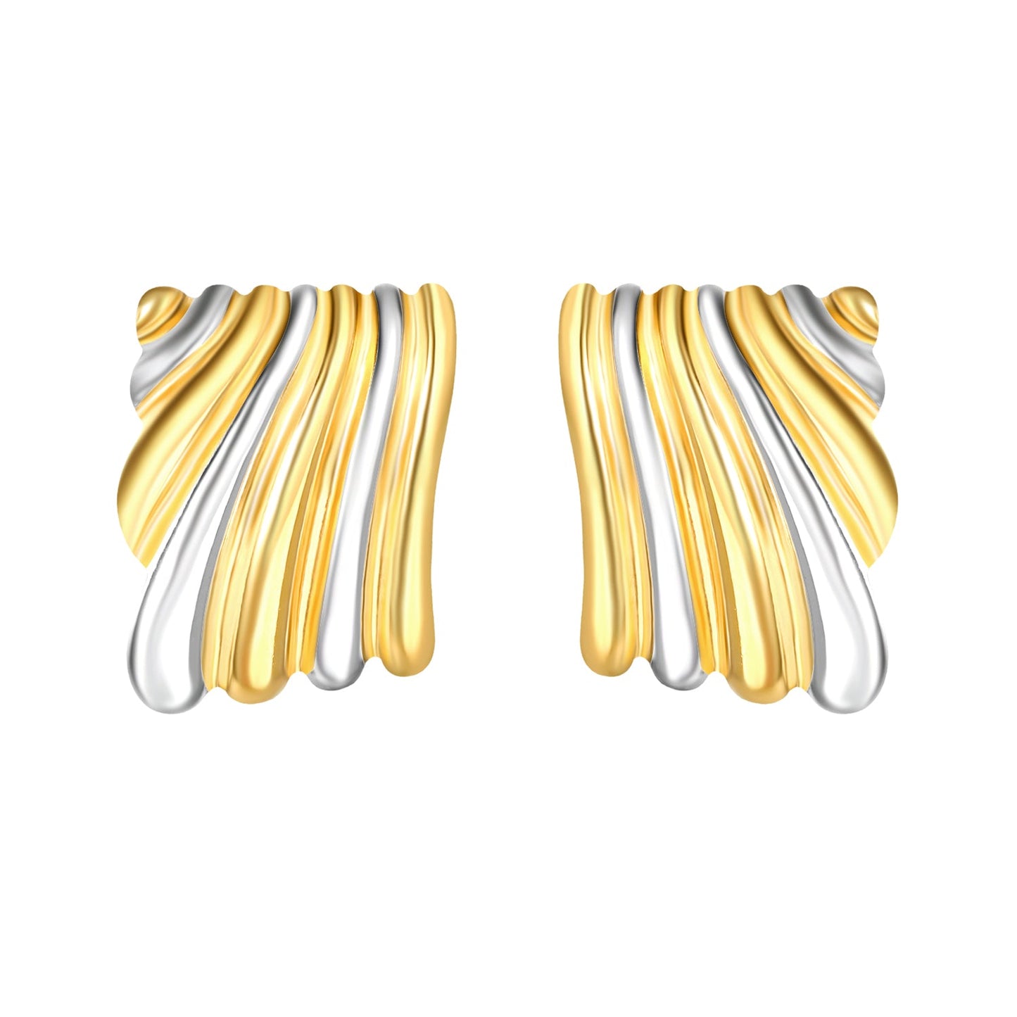 23.2mm*30.5mm Square Two-Tone Wavy Texture Stud Earrings, Two-Tone Gold asonjewelry
