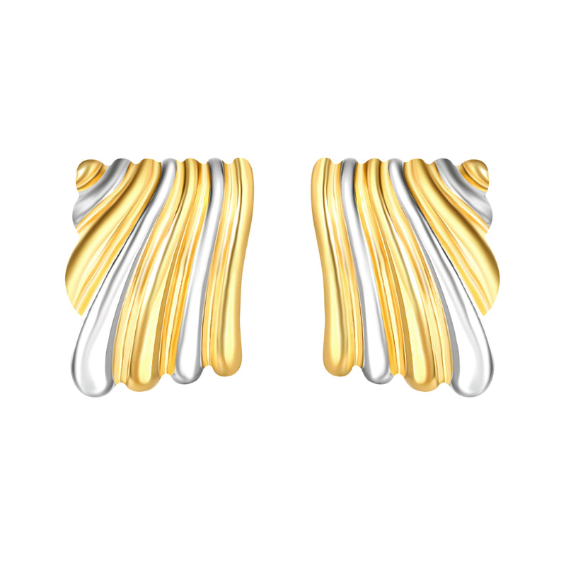 23.2mm*30.5mm Square Two-Tone Wavy Texture Stud Earrings, Two-Tone Gold