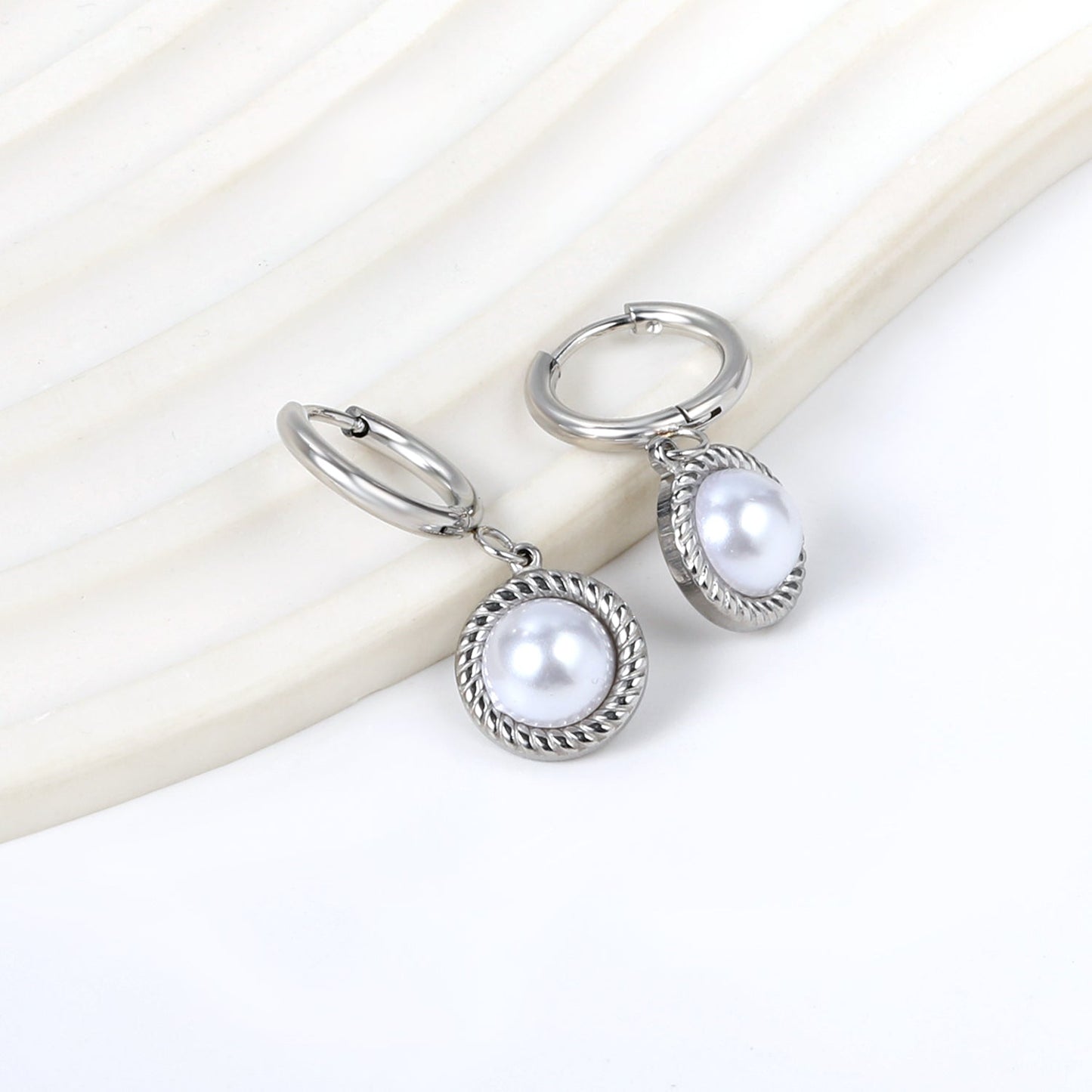 2*14 Circle with Round Twisted Edge with Half White Pearl Earrings 11.6mm asonjewelry