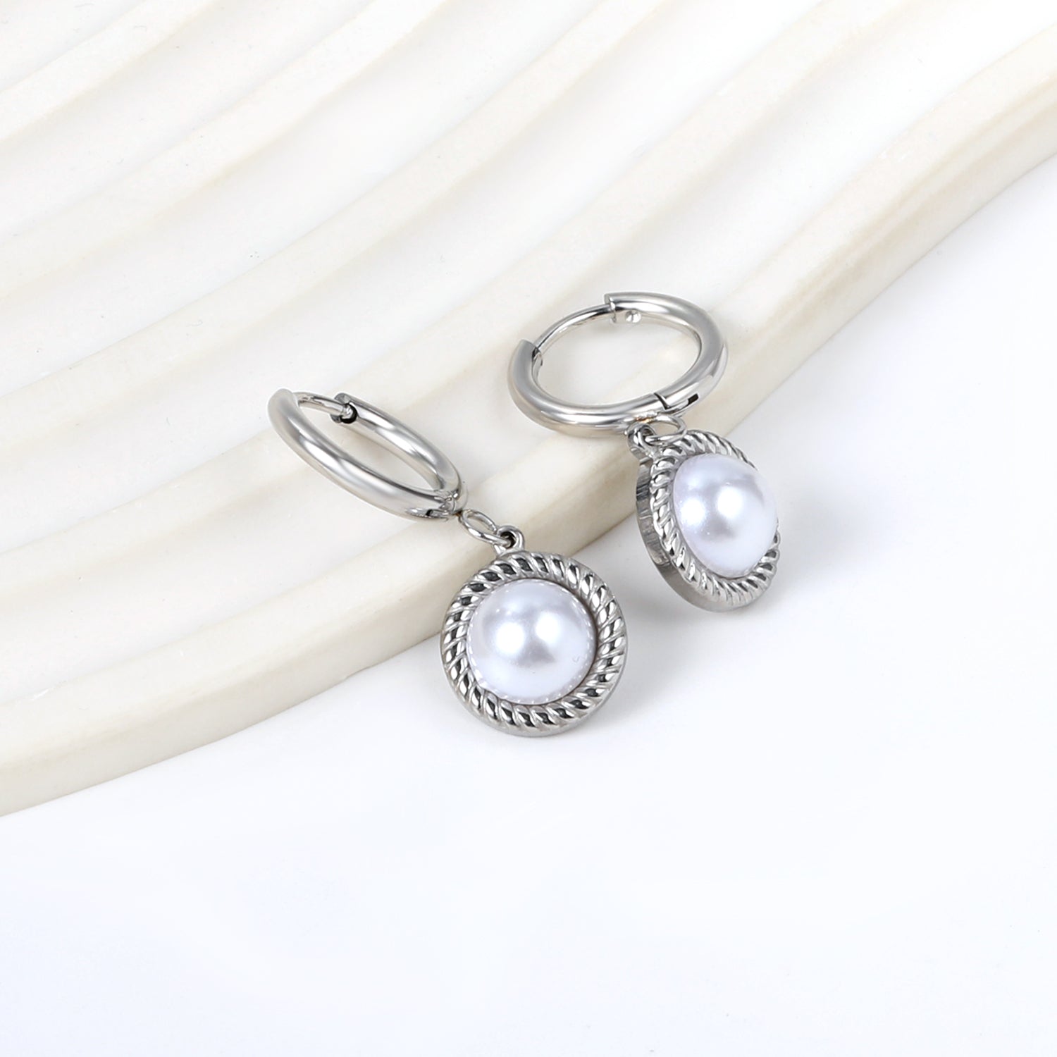 2*14 Circle with Round Twisted Edge with Half White Pearl Earrings 11.6mm asonjewelry