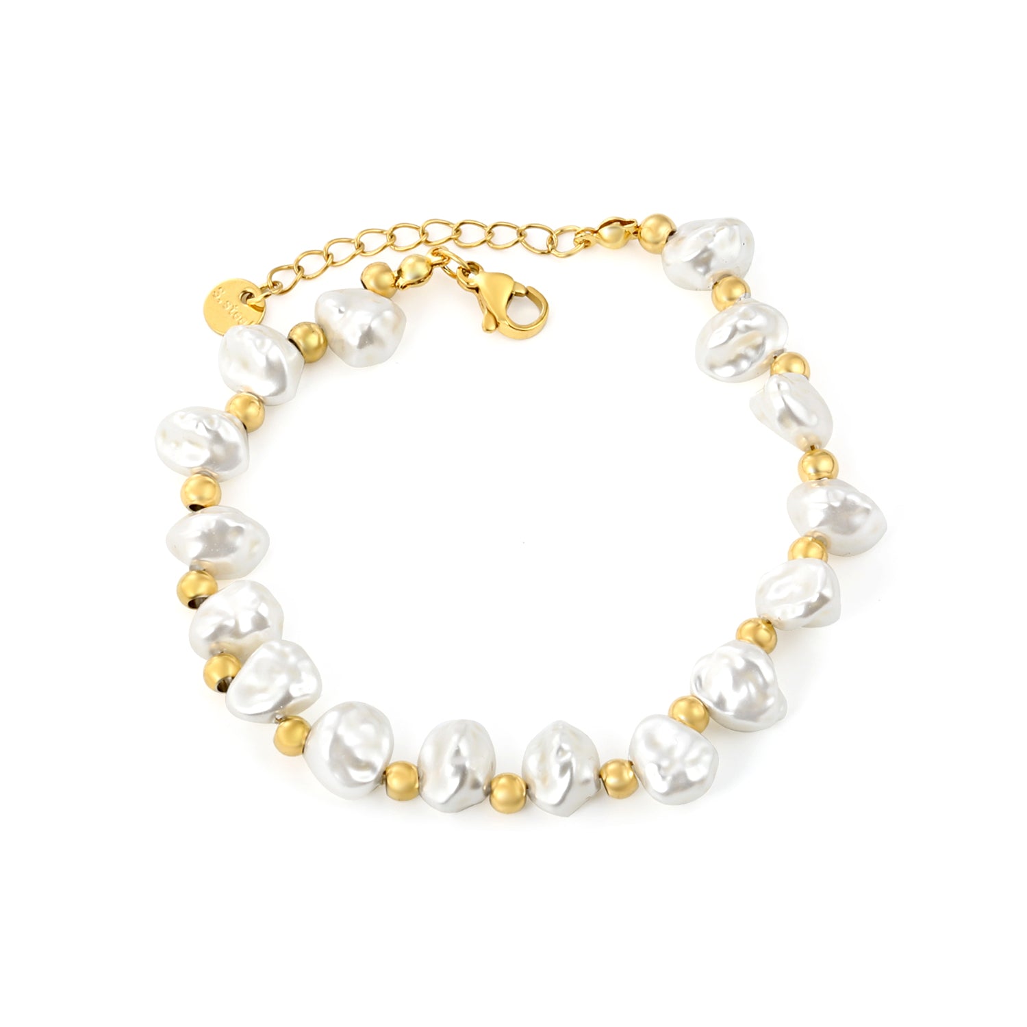 8x9mm Shell-Shaped Bracelet with 4mm Spacer Beads 18+3cm Length + Round Tag Steel Gray/Gold asonjewelry