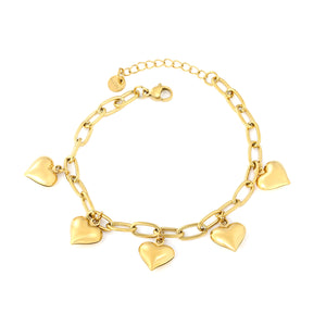 11.5mm 5 Heart Pendants 1.2*5*10mm Oval Chain 18+3cm+6mm Round Tag Bracelet Gold