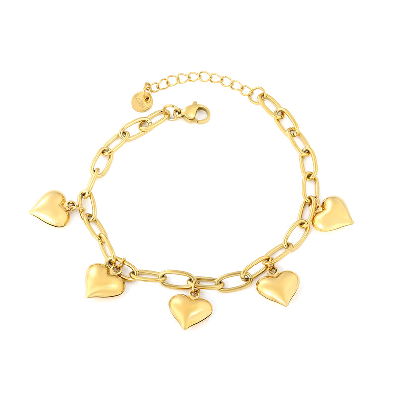 11.5mm 5 Heart Pendants 1.2*5*10mm Oval Chain 18+3cm+6mm Round Tag Bracelet Gold