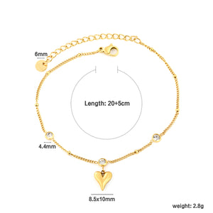 4.4mm 3 round diamonds 8.5*10mm heart-shaped pendant 20+5cm+6mm round tag chain anklet gold