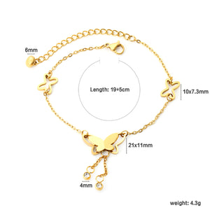 10*7.3mm 2 openwork butterflies 21*11mm double-layer butterfly tassel 19+5cm+6mm round clasp tag chain anklet gold