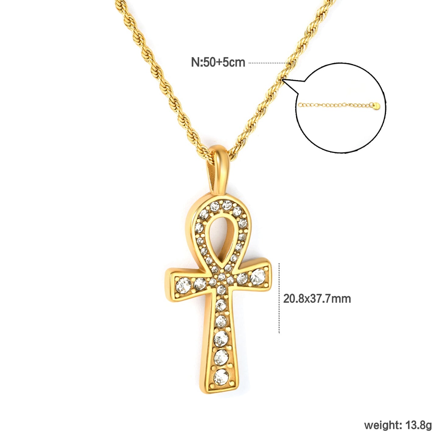 20.8*37.7mm Egyptian Cross Pendant with White Acrylic Diamonds 2mm Twisted Chain 50+5cm+6mm Round Tag Necklace Gold asonjewelry
