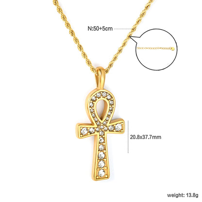 20.8*37.7mm Egyptian Cross Pendant with White Acrylic Diamonds 2mm Twisted Chain 50+5cm+6mm Round Tag Necklace Gold asonjewelry