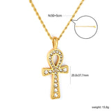 20.8*37.7mm Egyptian Cross Pendant with White Acrylic Diamonds 2mm Twisted Chain 50+5cm+6mm Round Tag Necklace Gold