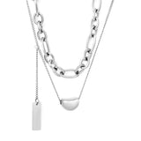 11*8mm Sugar Bean Beads 5*7.5mm Rectangular Tag 1.3mm Oval Chain 35cm+0.4cm Side Chain 38+3cm Pendant Chain 5cm+6mm Round End Tag Double Chain Necklace Steel/Gold