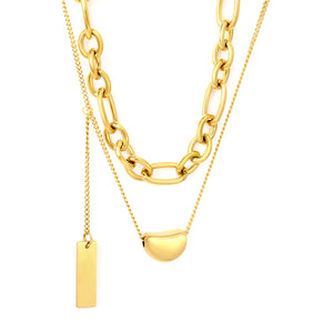 11*8mm Sugar Bean Beads 5*7.5mm Rectangular Tag 1.3mm Oval Chain 35cm+0.4cm Side Chain 38+3cm Pendant Chain 5cm+6mm Round End Tag Double Chain Necklace Steel/Gold