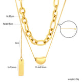 11*8mm Sugar Bean Beads 5*7.5mm Rectangular Tag 1.3mm Oval Chain 35cm+0.4cm Side Chain 38+3cm Pendant Chain 5cm+6mm Round End Tag Double Chain Necklace Steel/Gold