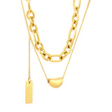 11*8mm Sugar Bean Beads 5*7.5mm Rectangular Tag 1.3mm Oval Chain 35cm+0.4cm Side Chain 38+3cm Pendant Chain 5cm+6mm Round End Tag Double Chain Necklace Steel/Gold