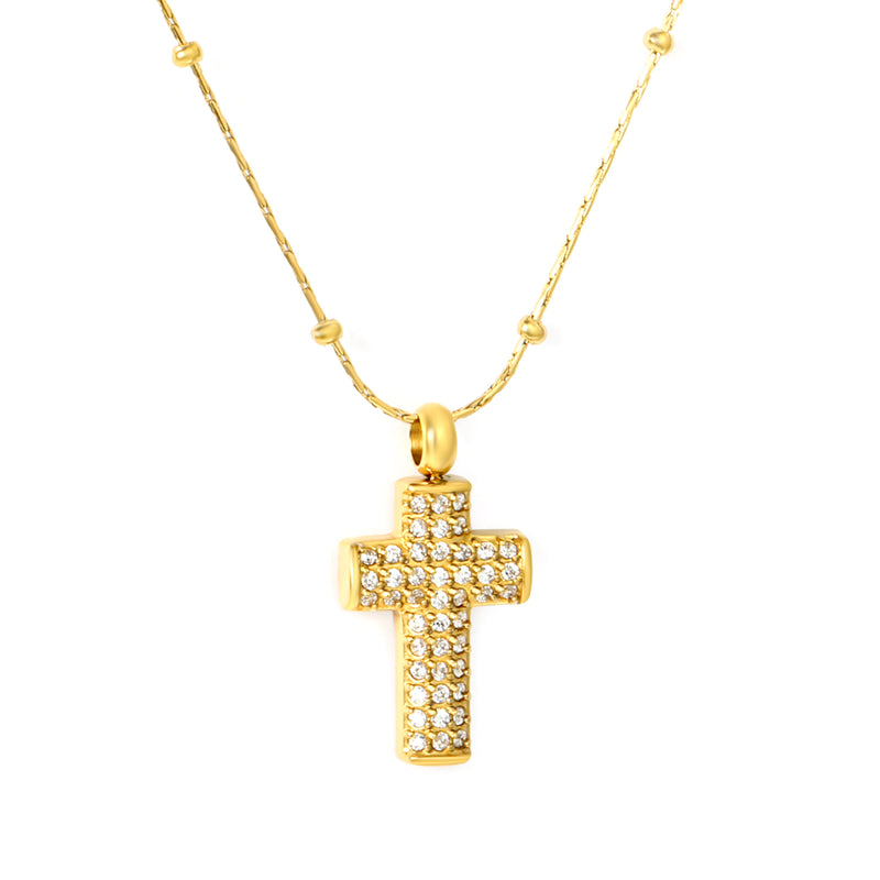 10*15mm CNC White Zircon Cross 0.3 Cross Hammer Solid Clasp Chain 40+5cm+6mm Round Pendant Necklace Gold