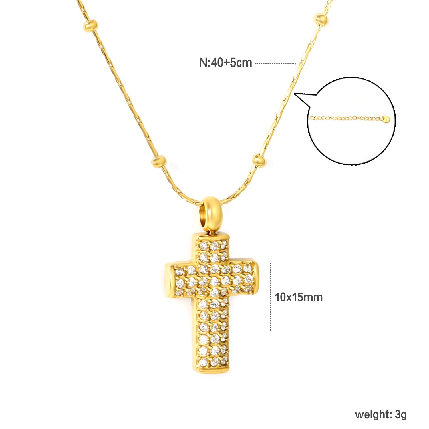 10*15mm CNC White Zircon Cross 0.3 Cross Hammer Solid Clasp Chain 40+5cm+6mm Round Pendant Necklace Gold asonjewelry