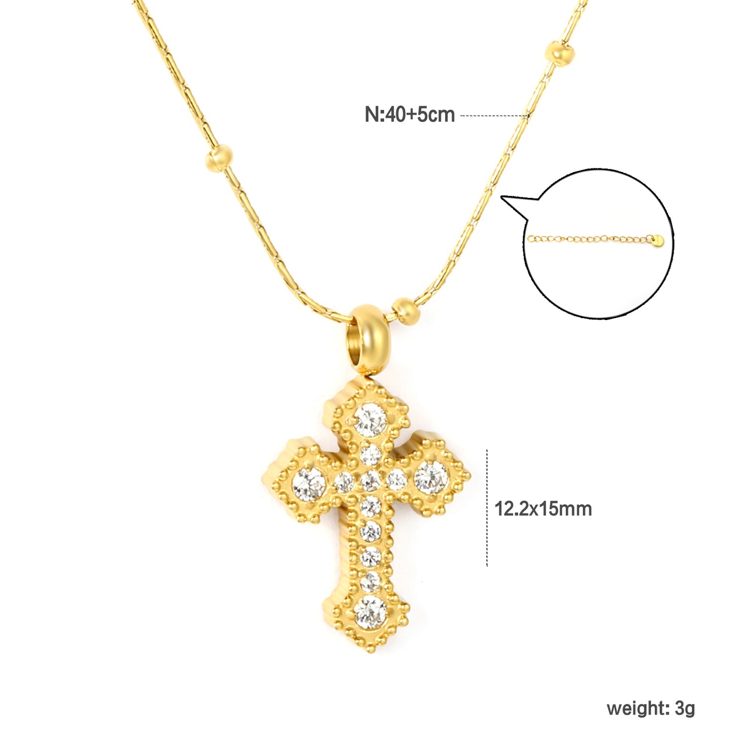 11.2*15mm CNC White Zircon Cross 0.3 Cross Hammer Solid Bead Chain 40+5cm+6mm Round Tag Necklace Gold asonjewelry