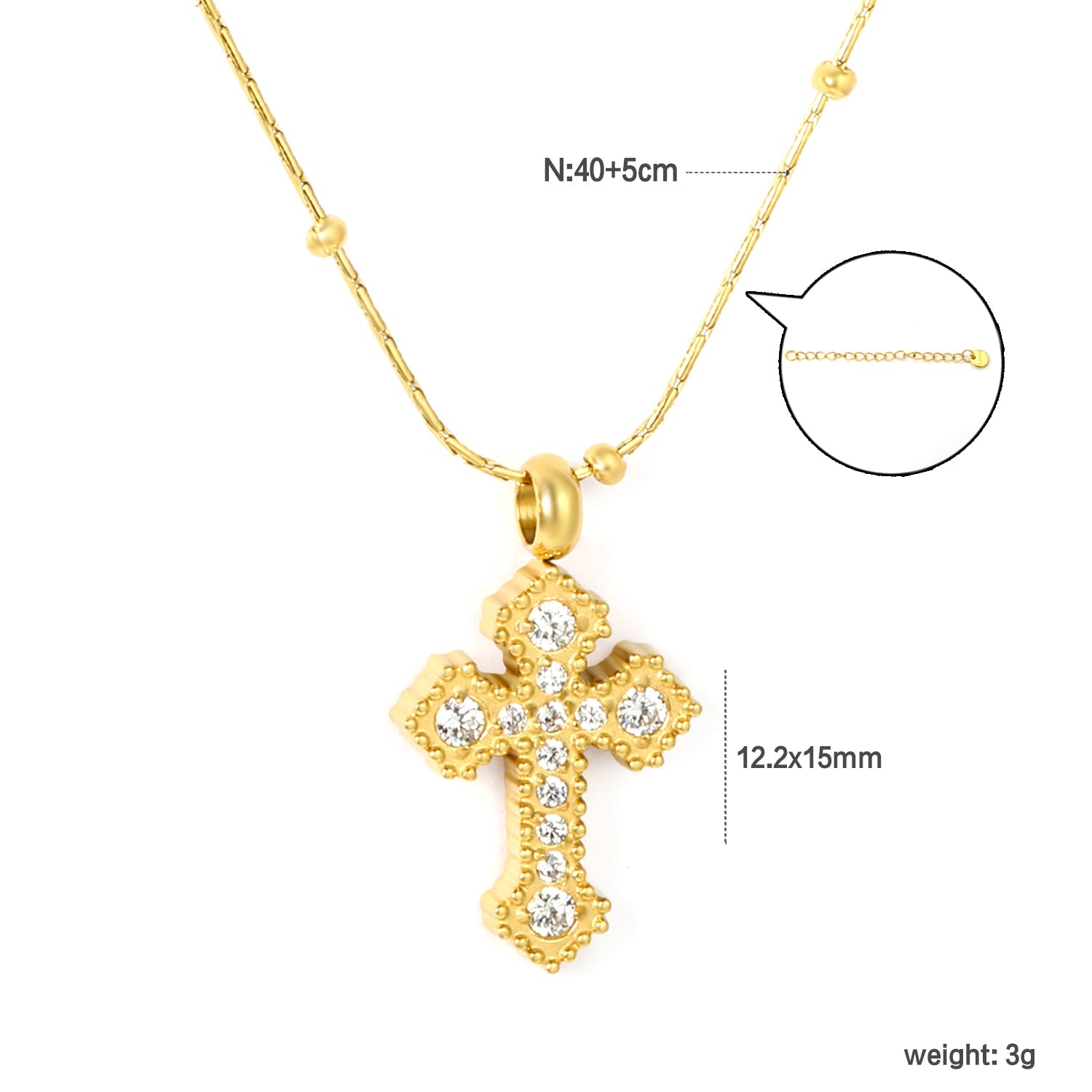 11.2*15mm CNC White Zircon Cross 0.3 Cross Hammer Solid Bead Chain 40+5cm+6mm Round Tag Necklace Gold asonjewelry