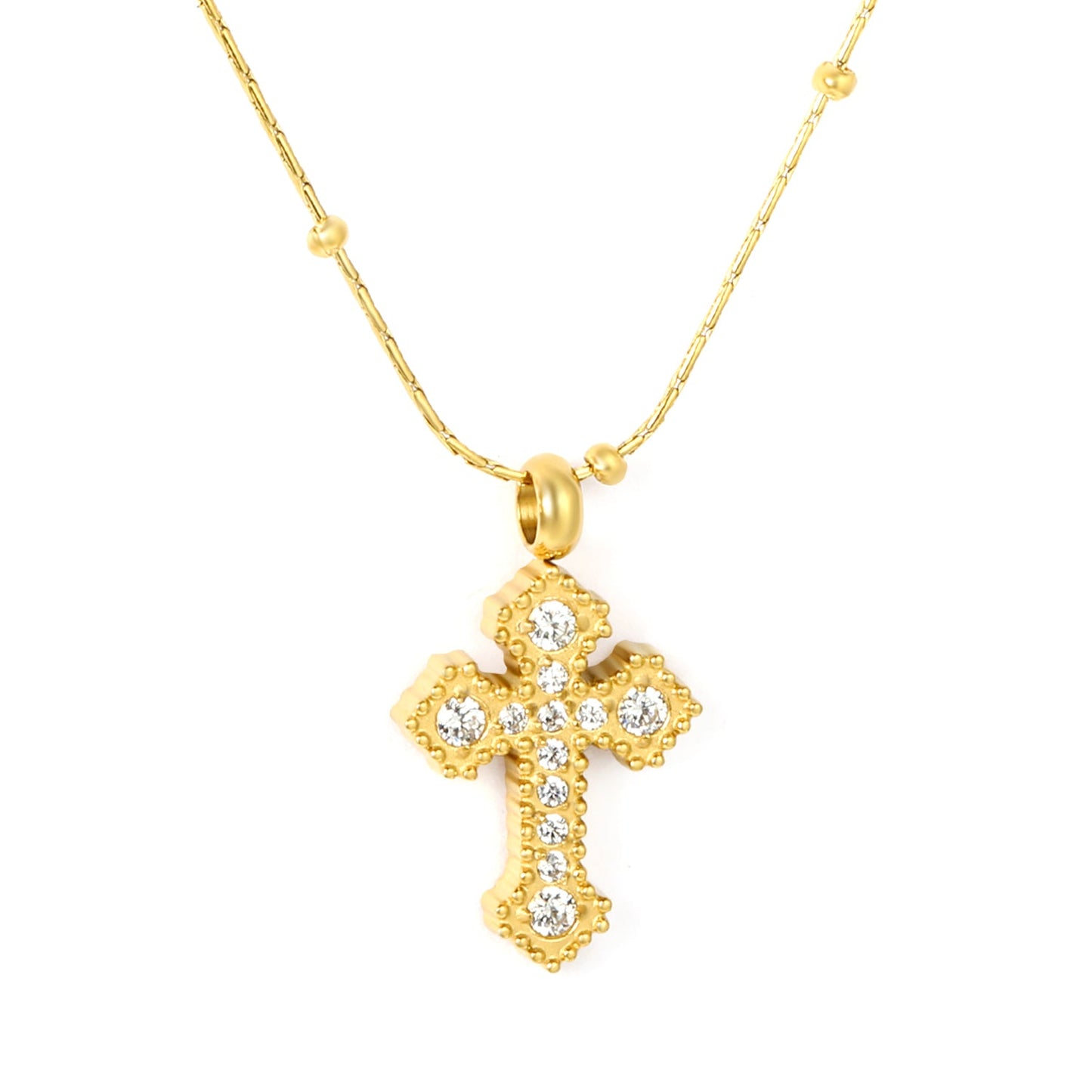 11.2*15mm CNC White Zircon Cross 0.3 Cross Hammer Solid Bead Chain 40+5cm+6mm Round Tag Necklace Gold asonjewelry