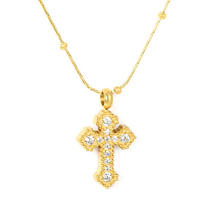 11.2*15mm CNC White Zircon Cross 0.3 Cross Hammer Solid Bead Chain 40+5cm+6mm Round Tag Necklace Gold asonjewelry