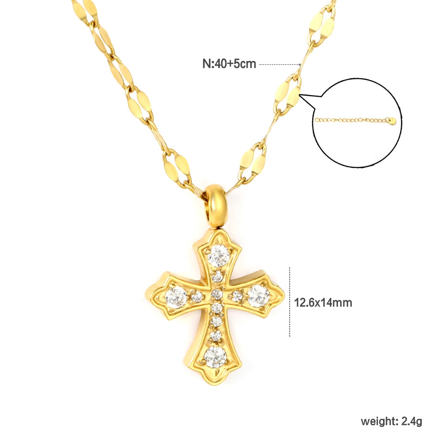 12.6*14mm CNC White Zircon Cross Lip Chain 40+5cm+6mm+Round Pendant Necklace Gold asonjewelry