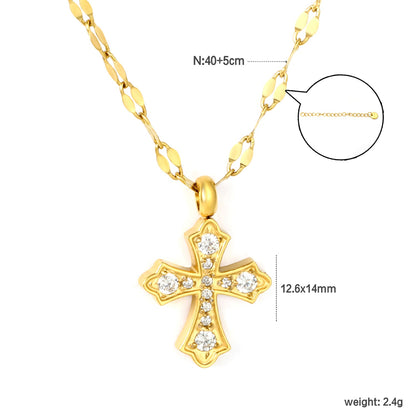 12.6*14mm CNC White Zircon Cross Lip Chain 40+5cm+6mm+Round Pendant Necklace Gold asonjewelry