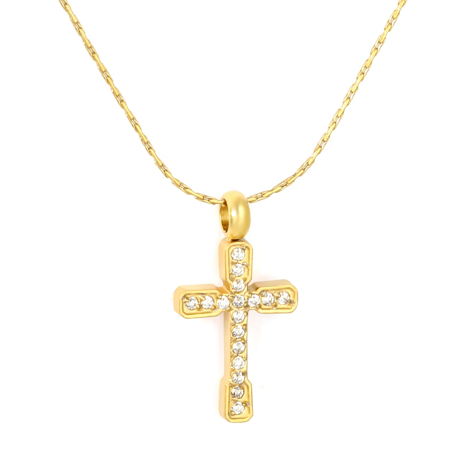 9.7*15mm CNC White Zircon Cross 0.3 Cross Hammer Round 40+5cm+6mm Round Tag Necklace Gold asonjewelry