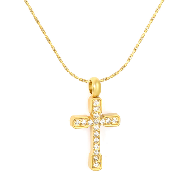 9.7*15mm CNC White Zircon Cross 0.3 Cross Hammer Round 40+5cm+6mm Round Tag Necklace Gold